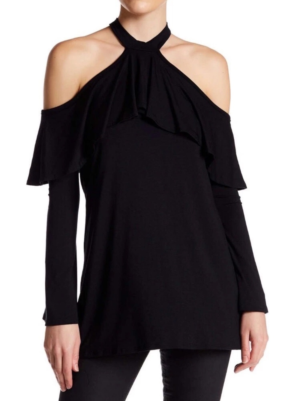 Go Couture Black Cold-Shoulder Halter Long Sleeve Top